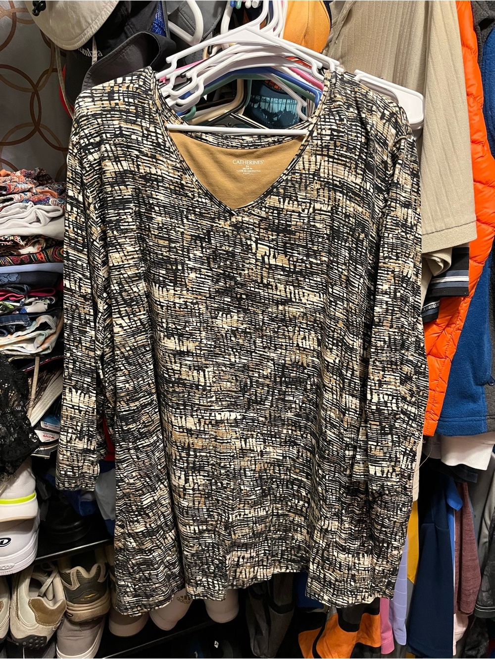 Catherines Black, Cream & Tan Abstract V-Neck Tunic